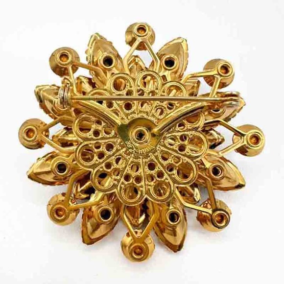 Vintage Signed Judy Lee Rhinestone Brooch Amber Aurora Borealis Star 2" c1970s - Picture 5 of 12